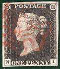 Gb One Penny Black 1840 Stamp Sg.2 1D Plate 2 (Ni) Used Red Mx Cat £375 Reds31