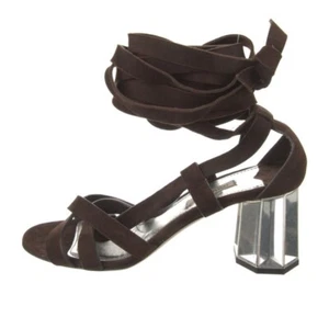 Sandalia Miu Miu Talla 37, 7M Marrón Oscuro Gladiador Tacón Plateado - Imagen 1 de 11