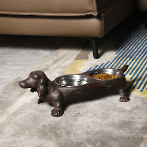 Rustic Cast Iron Dachshund Shaped Raised Dog Feeder Stand w/ Removable Bowls