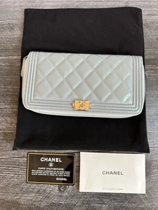 New Chanel Boy Long Zip Around Wallet In Light Blue Iridescent Patent Leather - Picture 1 of 9