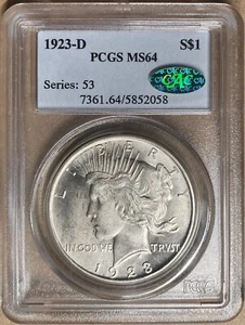 1923-D PCGS & CAC MS64 dollaro argento pace $1 - Denver Mint - Foto 1 di 2
