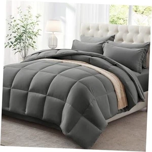 King Comforter Set - 7 Pieces Bed in a Bag King Grey Ultra-Soft - Down - Picture 1 of 8