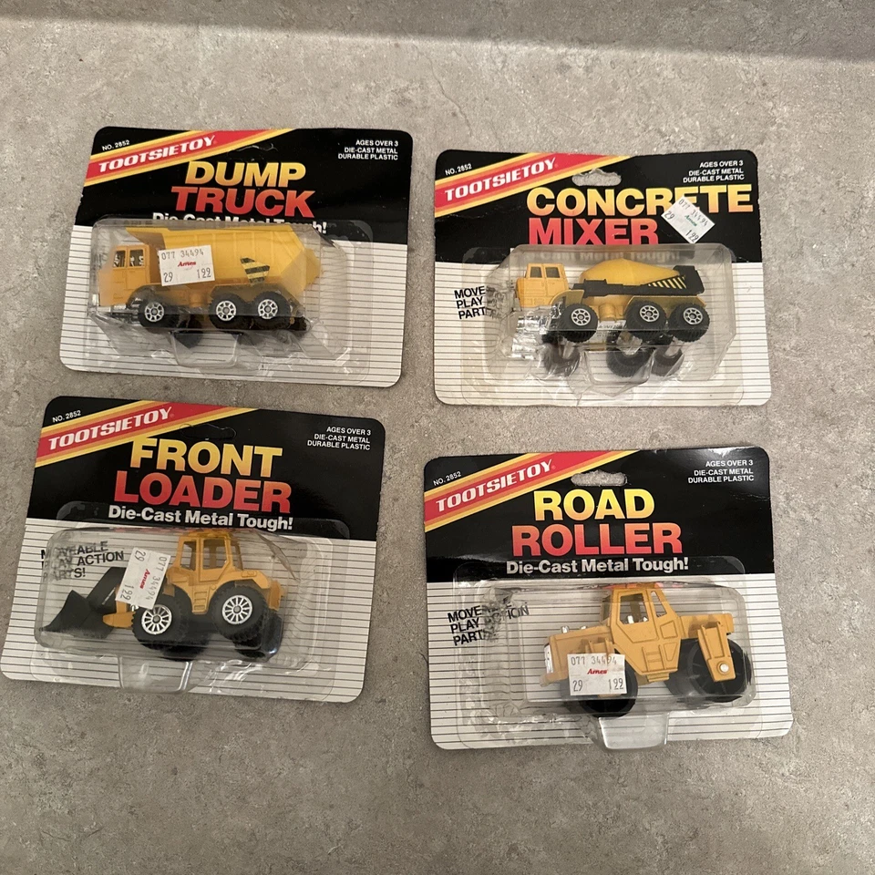 Lote de camiones de juguete Tootsie, 1990 metal fundido a presión/plástico, volteo, mezclador, cargador, rodillo Foto 1 de 4