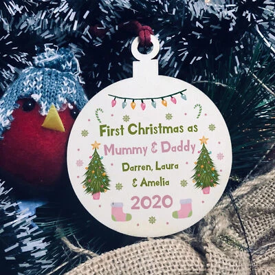 First Christmas Bauble For New Mummy And Daddy Wood Tree Decoration Gift - Image 1 of 4