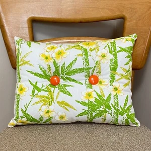 OOAK Retro 1970s Bamboo Floral Throw Pillow Green Orange 11x15 - Picture 1 of 6