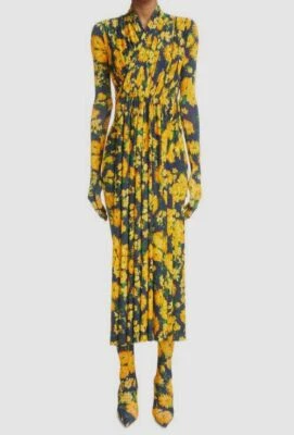 $3190 Balenciaga Women's Yellow Hybrid Glove Sleeve Jersey Dress Size 36 - Image 1 of 3