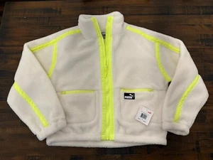 Puma Sherpa Fleece Jacket With Woven Detail White/Neon Yellow Women’s L NWT $90 - Picture 1 of 11