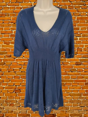 WOMENS OASIS UK 10 NAVY POINTELLE KNIT LONG SHORT SLEEVE TUNIC JUMPER/MINI DRESS - Image 1 of 3