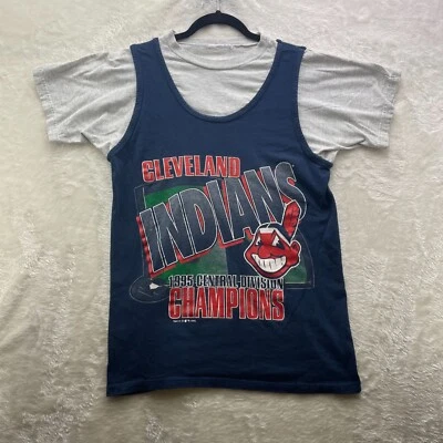 90s Vintage Cleveland Indians Graphic Tee Mens Medium Double Layer Wahoo Shirt - Image 1 of 4