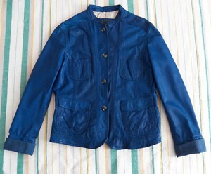Leonardo Size XL Womens Blue Leather Button Up Designer Jacket Mandarin Collar - Picture 1 of 10