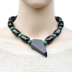 Vintage Silver Sheen Obsidian & Malachite Beaded Necklace with Geometric Pendant - Picture 1 of 10