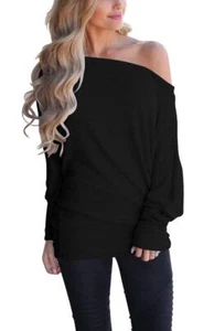 Women's Off Shoulder Tops Casual Loose Batwing Sleeve Shirts Tunic Knit Overs... - Picture 1 of 1