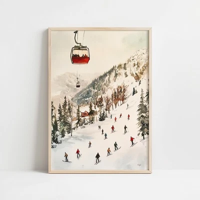 Vintage Ski Lift Wall Art – Retro Winter Ski Slopes Poster Rustic Cabin Decor - Image 1 of 4