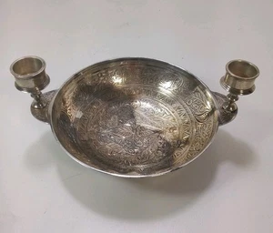Beautiful Vtg Engraved India Silver Plate Urli Offering Bowl Candle Stick Holder - Picture 1 of 10