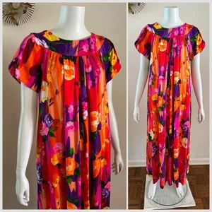 1970s Hawaiian Maxi Dress Mumu DayGlo Floral Hostess Aloha Tiki Luau w Belts VTG - Picture 1 of 24