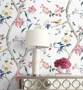Faux grasscloth textured white red blue Chinoiserie Sparrow birds wallpaper roll - Picture 1 of 13