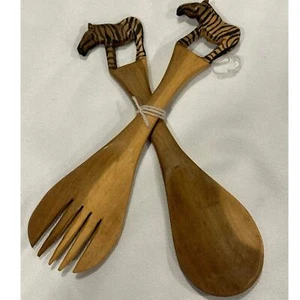 2 piezas 8” 2 tonos bloque de color madera de teca ensaladas servidores pinzas de comida cebra safari  - Imagen 1 de 11