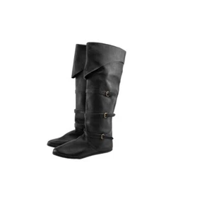 Medieval Leather Long Boot Pair Black Leather long three buckle up boot pair - Picture 1 of 15