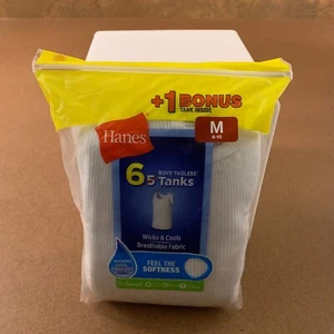 Hanes Boys Size Medium White Ribbed EcoSmart Tagless Tanks 6 Pack NWT - Picture 1 of 8