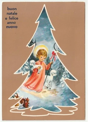 1973 Tarjeta Vintage Feliz Navidad Nieve Jesús Niño Corderos Ardilla Abeto - Imagen 1 de 2
