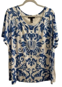 INC International Concepts Blue White Floral Sheer Top Bling 3X Mob Wife - Picture 1 of 4