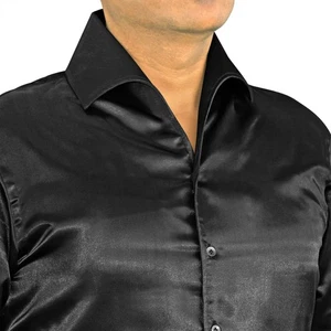 Camisa estilo coreano con cuello Cooper para hombre solapa abierta alta negro satinado vestido de fiesta - Imagen 1 de 7