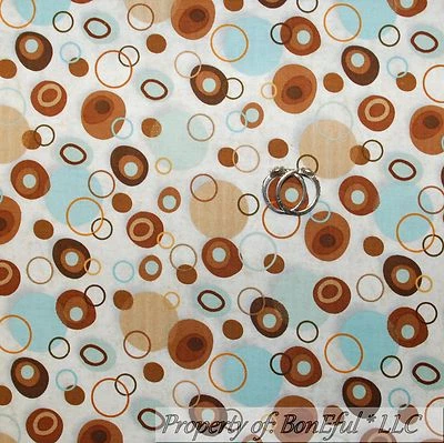 BonEful Fabric FQ Cotton Quilt White Brown Blue Boy Polka Dot Coffee Kitchen Kid - Image 1 of 4