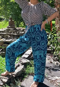 Handmade Thai Elephants Smock Pants - Harem Pants - Comfy Pants - Yoga Harem - Picture 1 of 7
