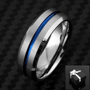 8mm Tungsten Men's Ring Blue Grooved Stripe Beveled Wedding Band - Engravable - Picture 1 of 9