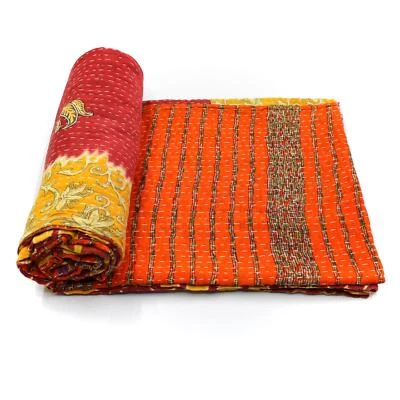 Colcha Kantha vintage indiana feita à mão algodão capa de sofá roupa de cama - Imagem 1 de 4