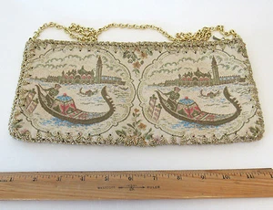 VINTAGE 1950s 60s ITALIAN GONDOLA TAPESTRY SHOULDER BAG GOLDEN METALLIC TRIM - Picture 1 of 9