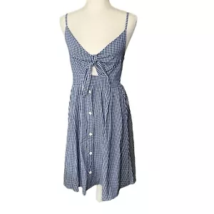 FANCYINN Womens Blue Gingham Tie Front Button Down Spaghetti Strap Midi Dress - Picture 1 of 15