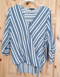 West Kei Striped Wrap Blue Roll Up Top Blouse High Low Women's Sz L V Neck Beach - Picture 1 of 9