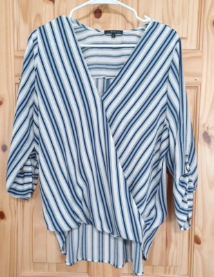 West Kei Striped Wrap Blue Roll Up Top Blouse High Low Women's Sz L V Neck Beach - Image 1 of 4