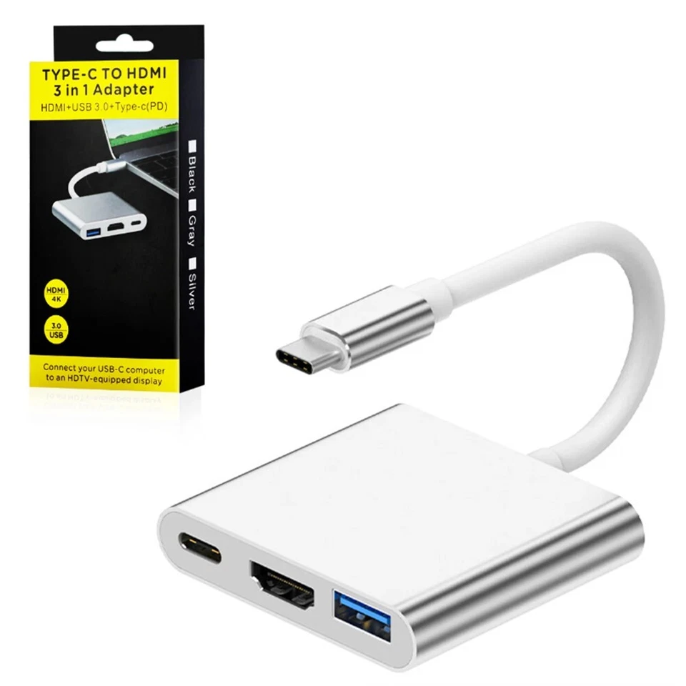 Adaptador convertidor USB tipo C macho a HDMI hembra USB 3.0 USB-C PD 3 en 1 plateado Foto 1 de 1