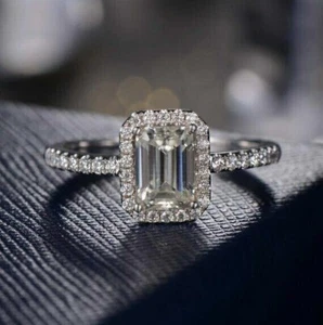 2.50 Ct Emerald-Cut Real Moissanite Halo Engagement Ring 14k White Gold Plated - Picture 1 of 5