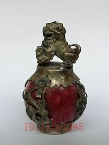 Collected China Old Tibet Silver Dragon Lion Phoenix Jade Paperweight Decoration