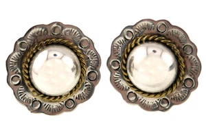 Orecchini Vintage Bicolore Argento Sterling 925 Rotondo Concho Clip On - Foto 1 di 6