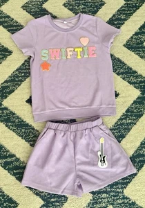 Girls Taylor Swift “Swiftie” 2pc Waffle Knit Purple Patch Short Set Size 12 - Picture 1 of 5