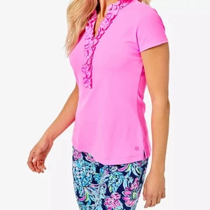 New LILLY PULITZER Frida Ruffle Short Sleeve Polo UPF 50 Pink Isle Size XL $118 - Picture 1 of 1
