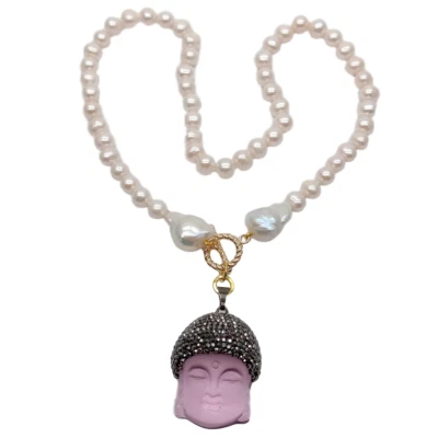 Collar de perlas Keshi de cuarzo rosa circonita cúbica pavé de Buda colgante de perlas blancas de agua dulce Foto 1 de 4