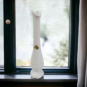 Fenton White Milk Glass Hobnail Swung Stretch Pedestal Bud Flower Vase 10 1/4" - Picture 1 of 9