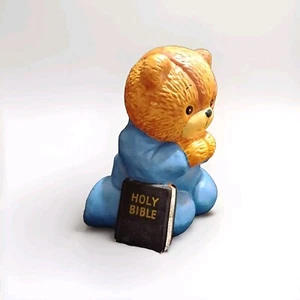 Vtg 1987 Enesco Lucy & Me Boy Blue Pajamas Bible Praying Kneeling Bear Bank  - Picture 1 of 7