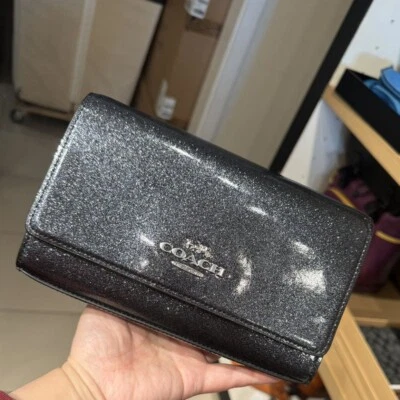 NWT Coach Flap Clutch Crossbody in Glitter patent/smooth Leather Gunmetal CP032 - Image 1 of 4