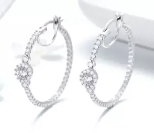 Platinum Plated 925 Sterling Silver Round Hoop Earrings, Lab Created Diamond - Picture 1 of 5