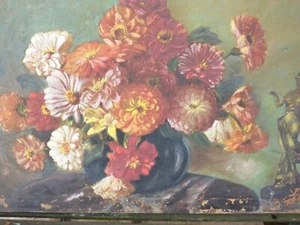 Early 20th Century Oil Painting Floral Still Life Zinnia - Picture 1 of 3