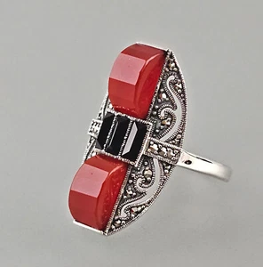 9923411 Silver Carnelian Marcasite Ring 925er Silver Type Deco Style Big 55 - Imagen 1 de 5