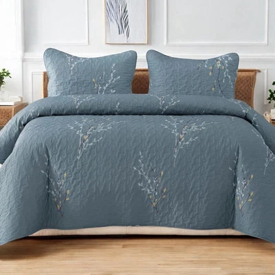 NEW West Elm Blue Queen Size Floral Embroidered Bedspread Quilt Pillow Case Set - Image 1 of 4