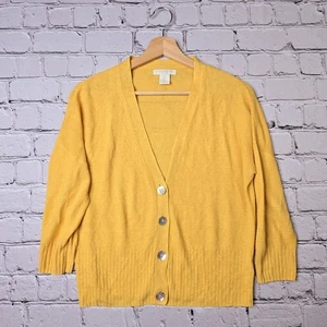 Christian Siriano Leinenmischung buttergelbe Knopfleiste V-Ausschnitt Strickjacke Größe Medium - Bild 1 von 11