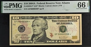 2004A $10 Federal Reserve Note PMG 66EPQ Atlanta low serial star 398 Fr 2039-F* - Picture 1 of 3